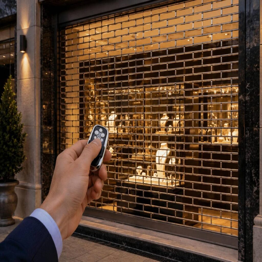 درب رول شونده خاکستری پارکینگ با کف بتنی