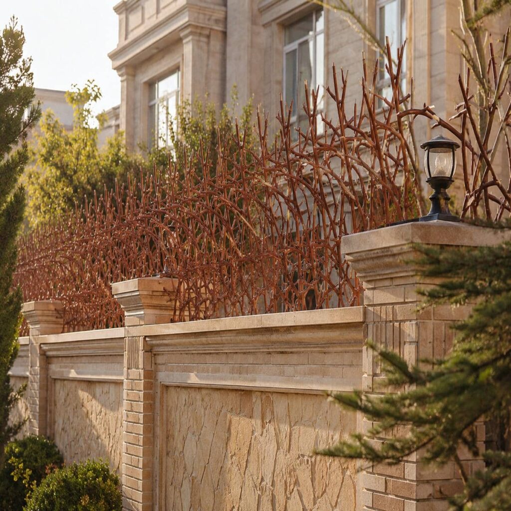 نرده سرنیزه ای مشکی روی دیوار کوتاه استان اردبیل