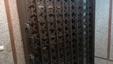 حفاظ درب آکاردئونی مشکی در ورودی آفتاب‌گیر استان کرمان